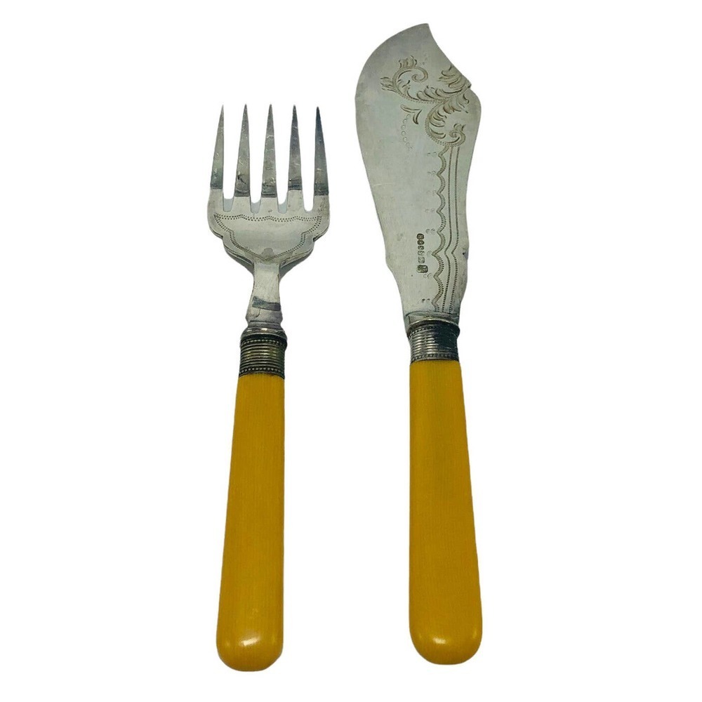 H.F & Co. Silver Plate Master Fish Fork and Knife Set Celluloid Handles 1910